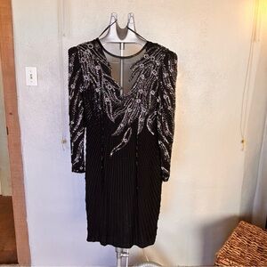 A.J. Bari Black Hand-Beaded Rhinestone Silk Dress Size 4 Long Sleeves Vintage